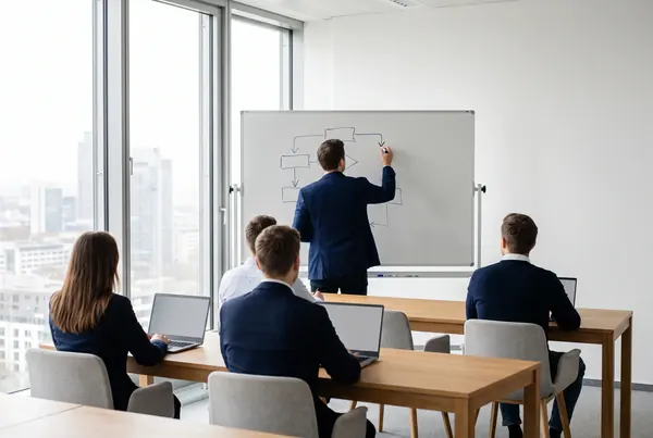 AI-generated image: Trainer sketching a process on a whiteboard while participants follow on laptops