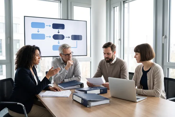 AI-generated image: Meeting with data protection binders and a data flow diagram in the background