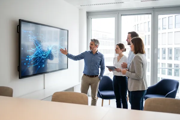 AI-generated image: Small group in front of a large screen showing an abstract AI graphic