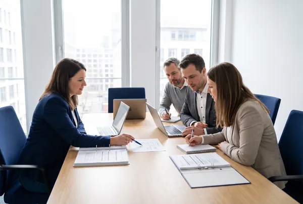 AI-generated image: Small group reviewing audit documents and laptops at a meeting table