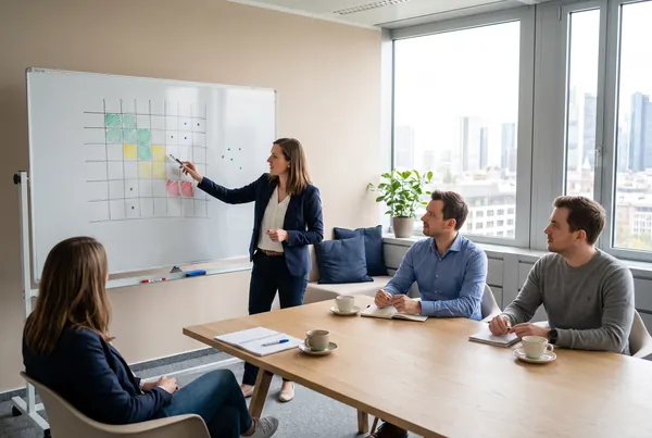 AI-generated image: Trainer explaining a risk matrix on a whiteboard while participants listen