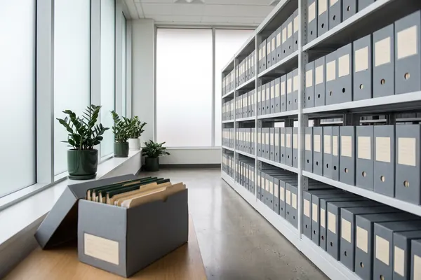 Bright file archive with shelves full of folder boxes