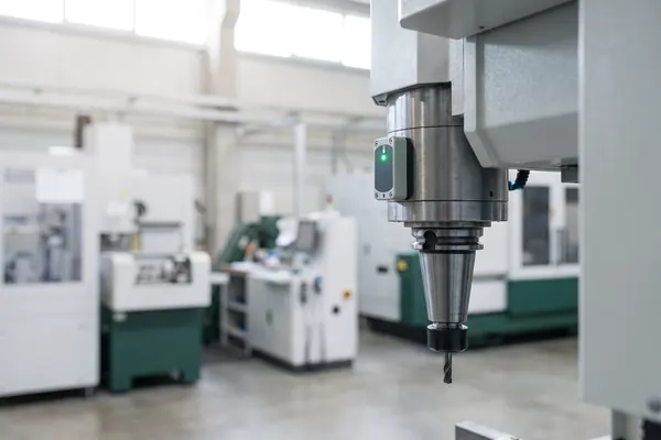 Machine spindle with sensor and green status LED in a production hall