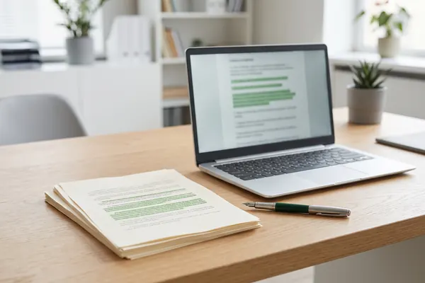 Contract pages with passages highlighted in green next to a laptop