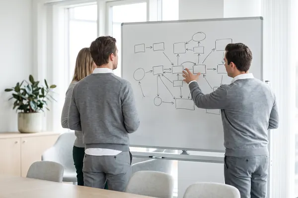 AI-generated image: Team seen from behind at a whiteboard with a sketched process