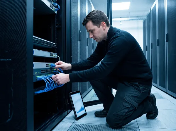 AI-generated image: Engineer connecting network cables in a server rack