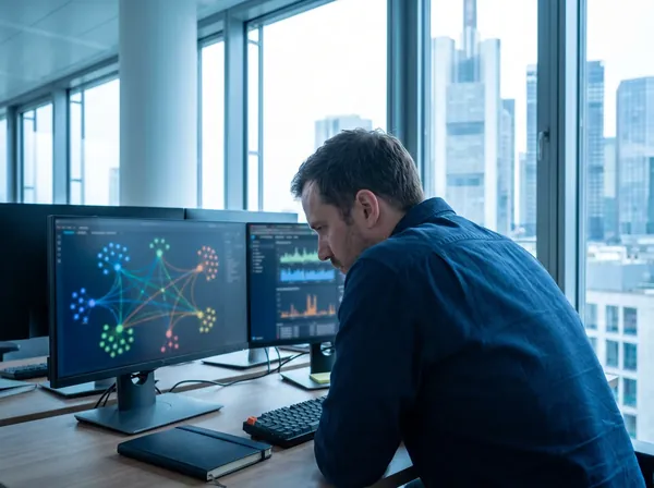 AI-generated image: Security consultant analysing a network diagram on screen