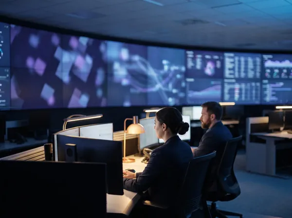 AI-generated image: Two analysts in a security operations center in front of a video wall