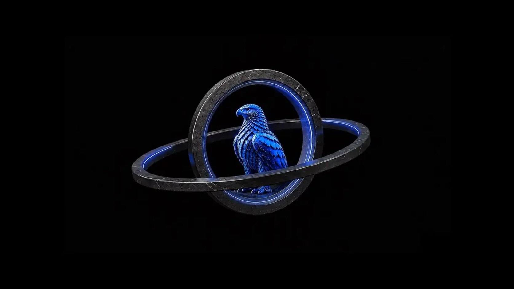 Stylized blue eagle inside a glowing orbital ring on a black background. Symbol for protection and defense.