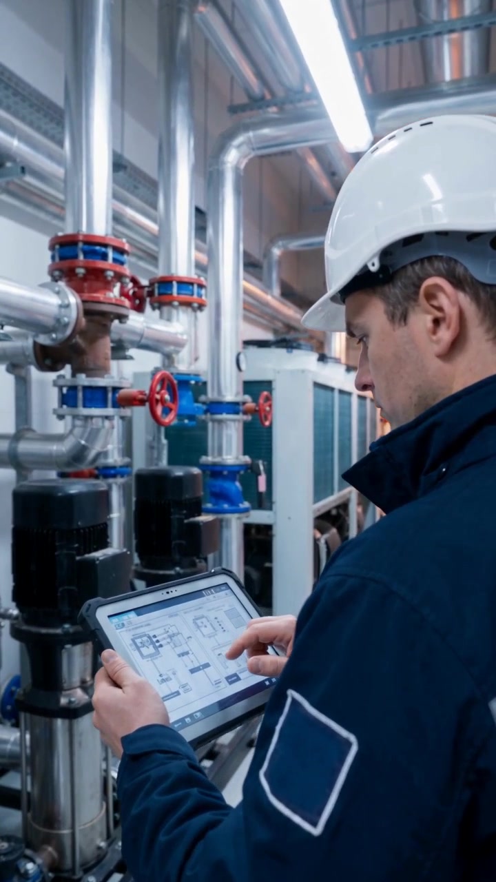 AI-generated image: Technician checking the cooling plant on a tablet