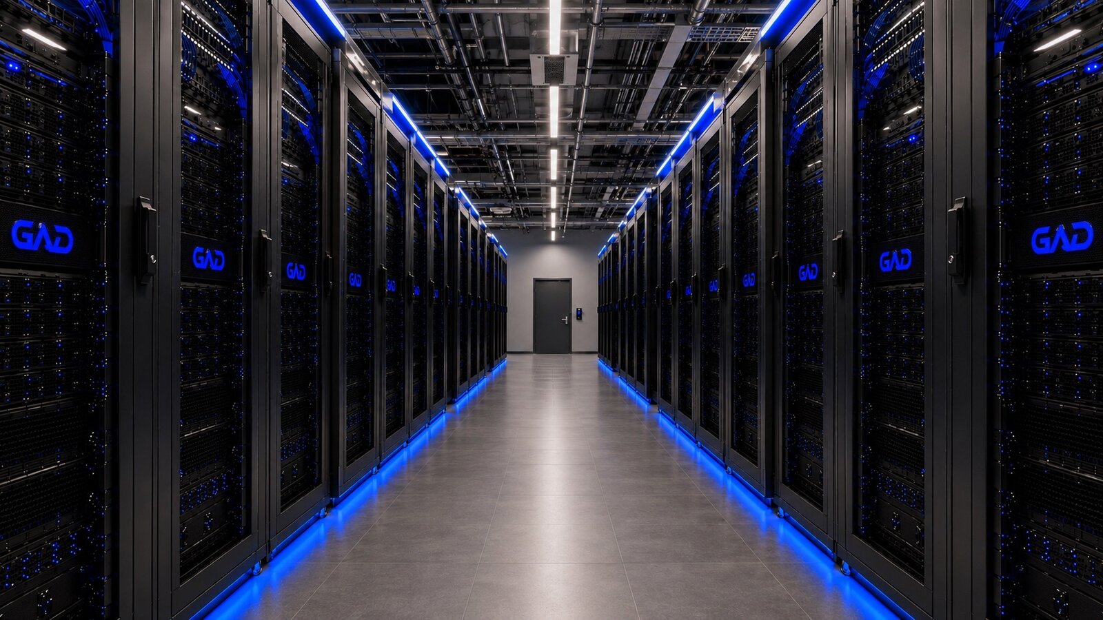 GAD datacenter. Server hall with blue-lit racks