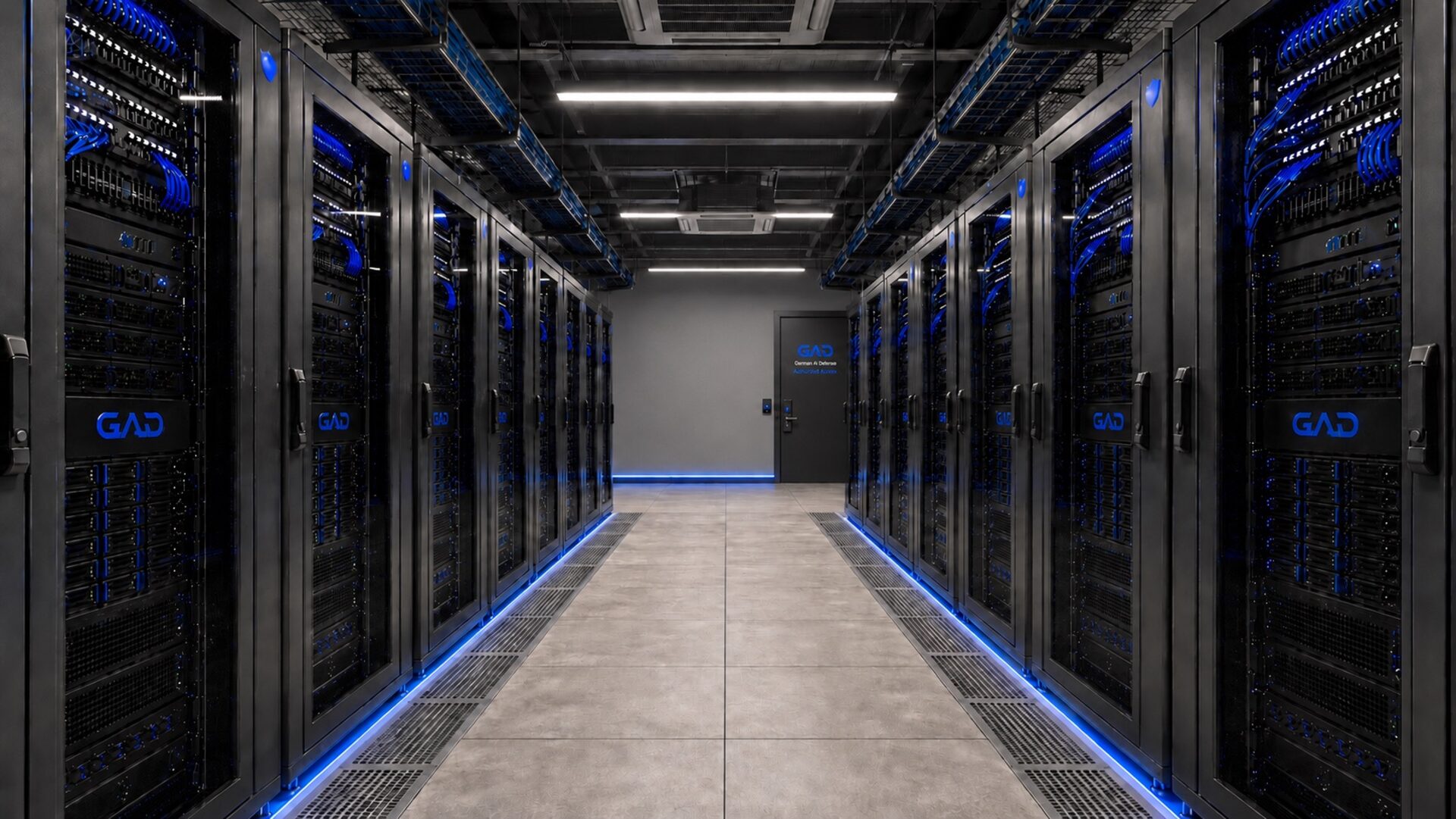 GAD datacenter. Server hall with blue-lit racks