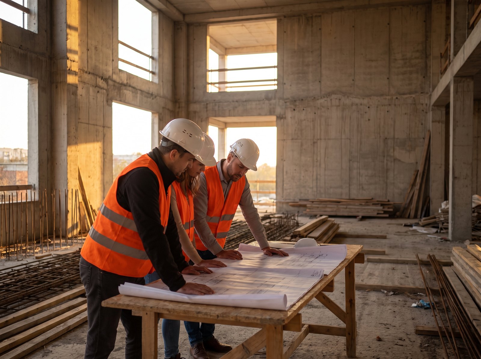 AI-generated image: Planning team with drawings in the shell building