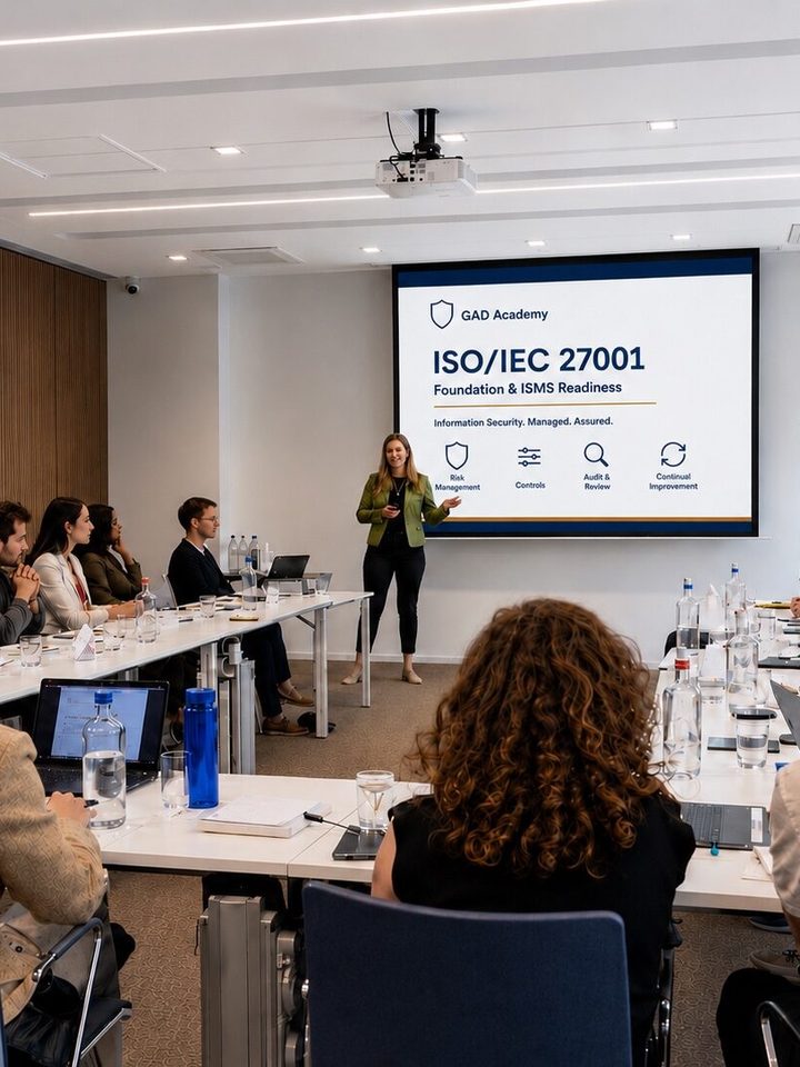AI-generated image: trainer presenting a GAD Academy ISO/IEC 27001 course